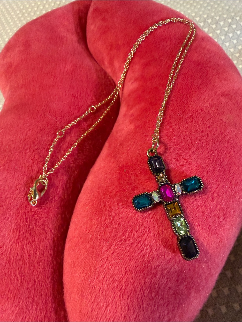 Gold-Tone Multicolor Gem Cross Pendant Necklace - Women Jewelry